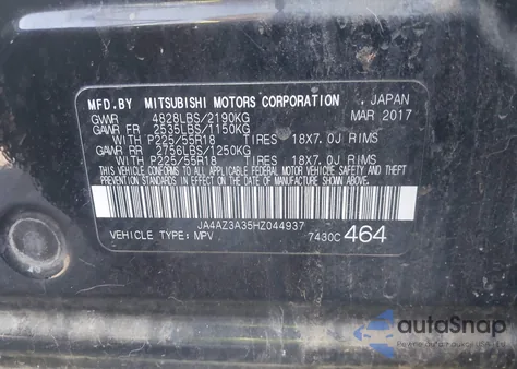 2017 Mitsubishi Outlander Se from USA, damaged, VIN JA4AZ3A35HZ044937